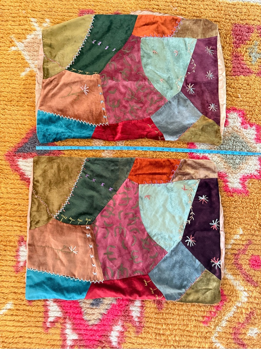 2 Vintage patchwork velvet embroidered whimsical pillow cases